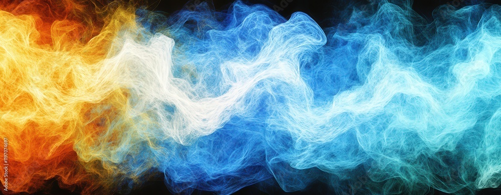 Fototapeta premium Abstract fiery and icy swirls, vibrant blue and orange energy streams, dynamic fractal art background.