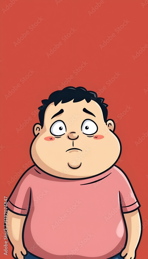 Obraz premium Sad cartoon boy with a thoughtful expression. He's wearing a pink shirt against a red background.