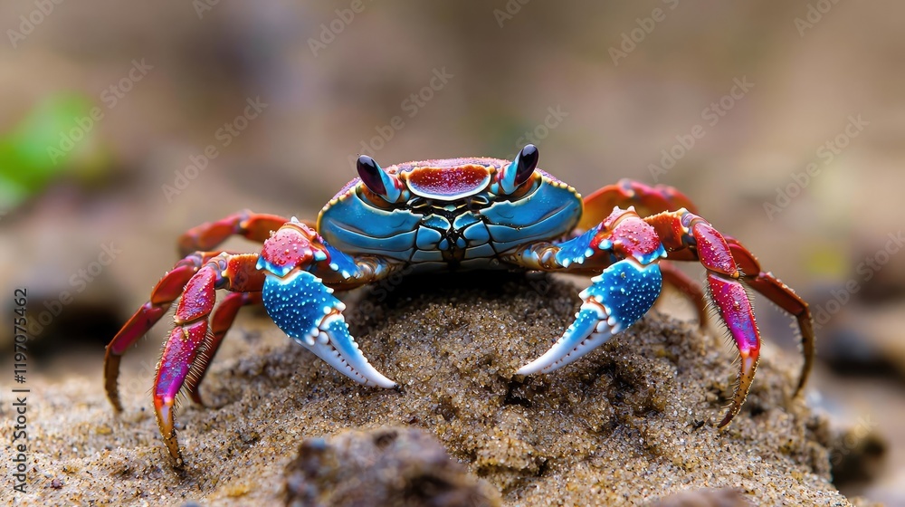 Vibrant blue crab on sandy beach, tropical background. Wildlife photography for nature documentaries Vibrant blue crab on sandy beach, tropical background. Wildlife photography for nature documentaries