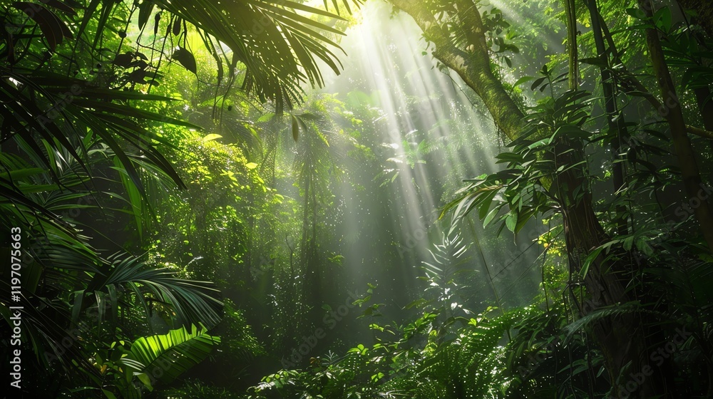 Obraz premium Sunlight streams through the dense foliage of a tropical jungle.