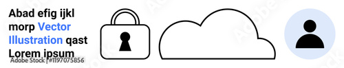 Cloud icon next to a lock symbol and user icon. Ideal for cybersecurity, data protection, cloud storage, user authentication, privacy policies, secure access, informational content. Landing page