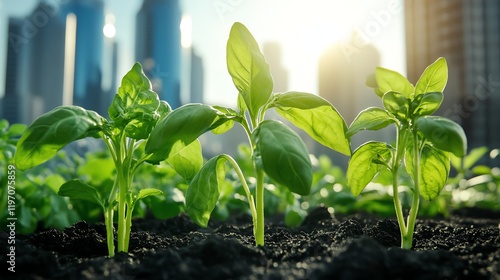 Closeup of herbs and vegetables growing in an urban garden, city buildings in the background, ecoconscious living photo