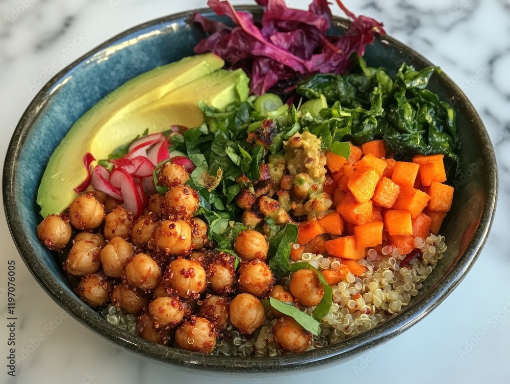 vegan Buddha bowl filled with quinoa, roasted chickpeas, avocado, fresh greens, and colorful vegetables, placed on a marble countertop with natural light. vegan Buddha bowl filled with quinoa, roasted chickpeas, avocado, fresh greens, and colorful vegetables, placed on a marble countertop with natural light.