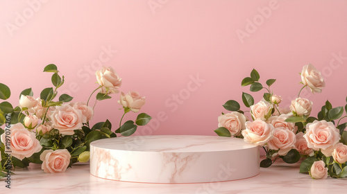 3D podium on pink background with roses for product presentation, mock-up, template, flat lay, minimal concept studio. photo