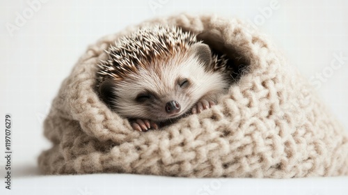 Cute baby hedgehog snuggling in blanket a cozy close-up of the cutest creature photo