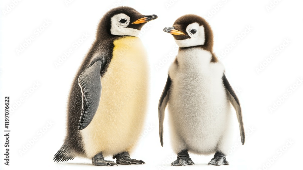 Obraz premium Intimate wildlife shot emperor penguin chick and parent on icy antarctic landscape