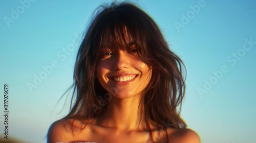 A beautiful woman with shoulder-length brown hair and bangs smiles warmly at the camera, set against a clear blue sky