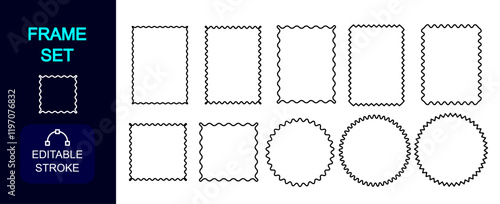 wavy edge rectangle frames and circle frames. wiggly border set for present card, gift card, poster, web, app, ui, wrapping paper, picture, stamp etc design