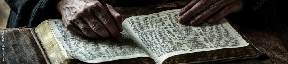 Monk's Hands Tracing Verses on a Worn Bible Page with Soft Lighting and Detailed Textures Monk's Hands Tracing Verses on a Worn Bible Page with Soft Lighting and Detailed Textures