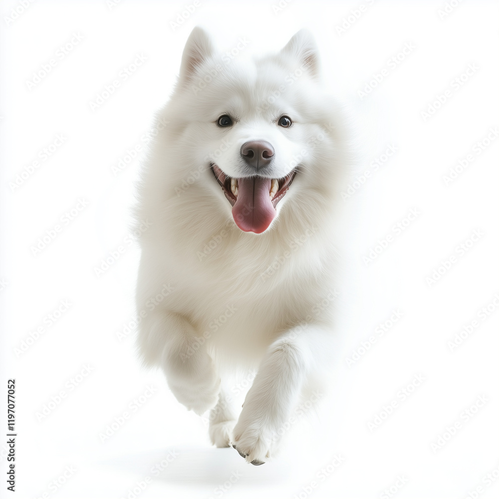 Energetic Samoyed running with big smile on white background Energetic Samoyed running with big smile on white background