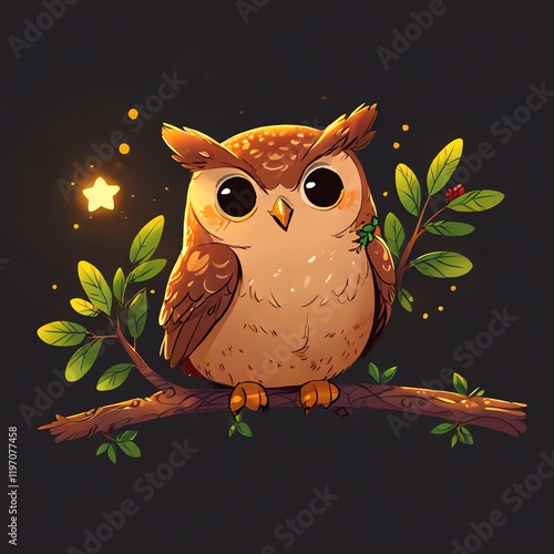 Adorable Owl on Branch at Night photo