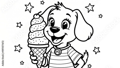 Adorable puppy enjoying a delicious ice cream cone on a starry day. A perfect coloring page for kids!