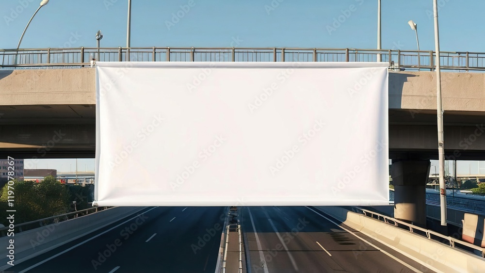 Blank advertising banner hanging over a highway bridge during daylight with clear skies