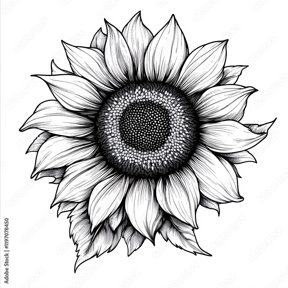 Fototapeta premium Elegant Black and White Sunflower Botanical Illustration Floral Design