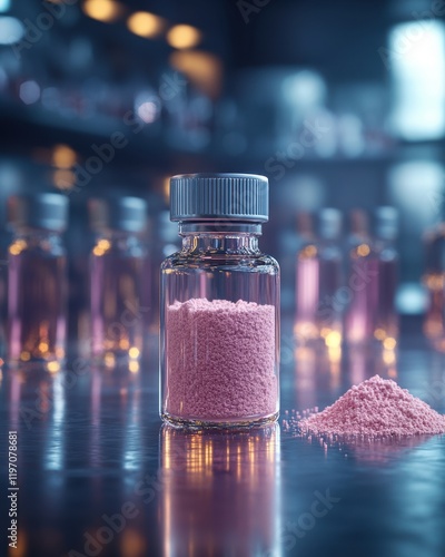 Erbium oxide powder in glass vial on polished lab table alongside rare earth elements.

 photo