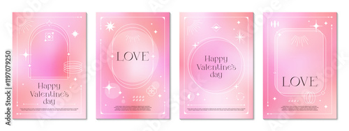 Y2k pink color gradient background posters or cover templates for Valentine day celebration. Vector vertical love glowing boho style backgrounds or banners with abstract retro futuristic brutal shapes