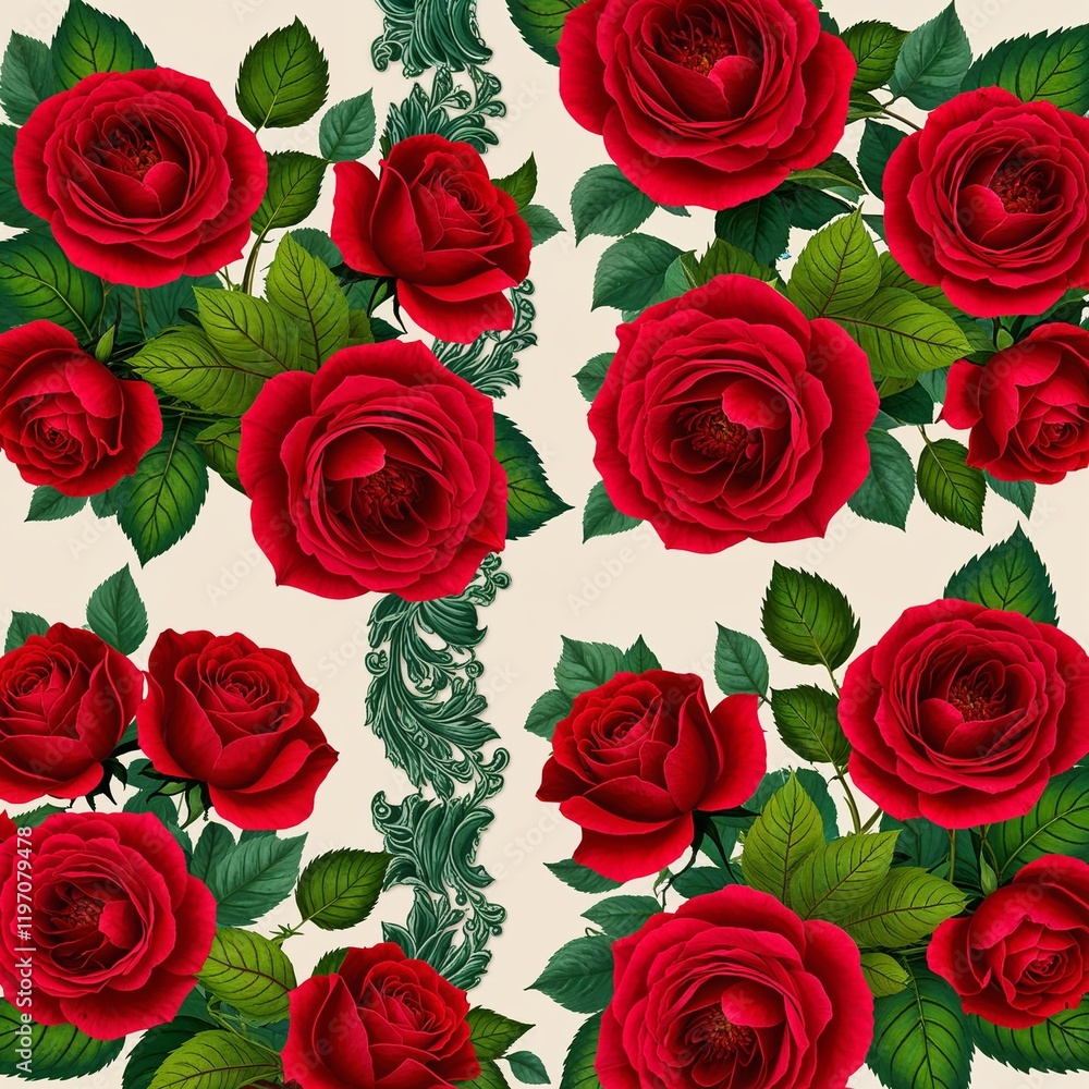 Bright red roses with green leaves arranged into intricate floral border frames Bright red roses with green leaves arranged into intricate floral border frames