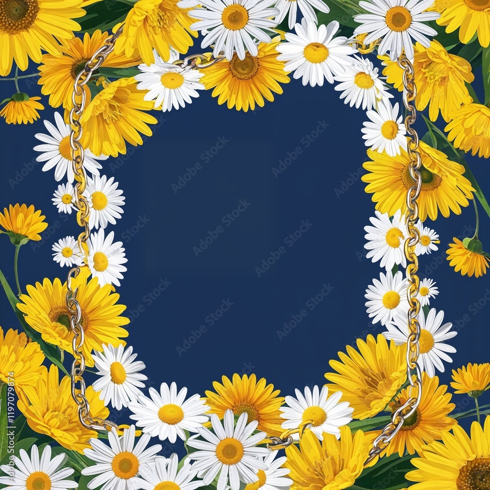 Bright yellow daisy chains wrapping the edges for a sunny and joyful frame background Bright yellow daisy chains wrapping the edges for a sunny and joyful frame background