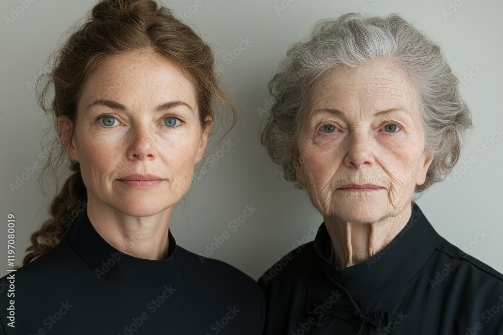 A woman with wrinkles and fine lines on the left side of her face is in contrast to an elderly lady on the right, against a white background. A woman with wrinkles and fine lines on the left side of her face is in contrast to an elderly lady on the right, against a white background.