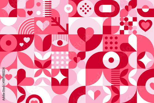 Valentines day abstract background with geometric shapes pattern. Vector romantic modular tile in shades of white and red featuring hearts, arrows and symmetrical figures with 80s retro aesthetics
