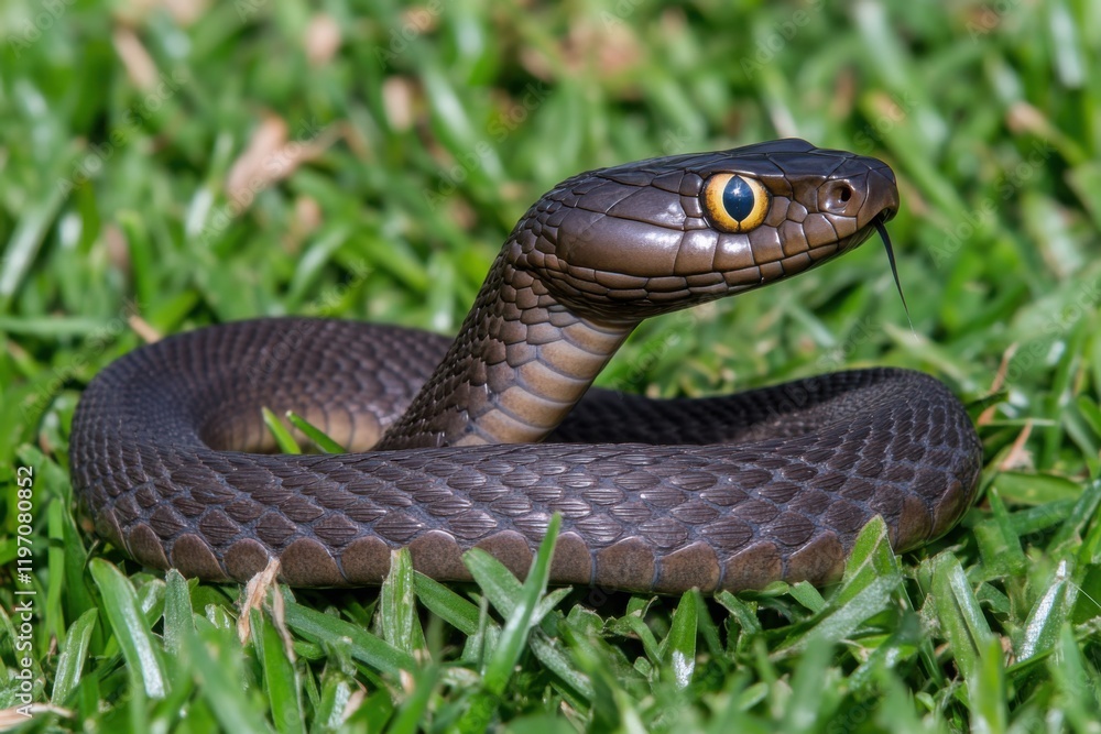 Obraz premium Close-Up View of a Coiling Snake with Distinctive Bright Blue Eye Against Lush Green Grass in a Natural Outdoor Environment