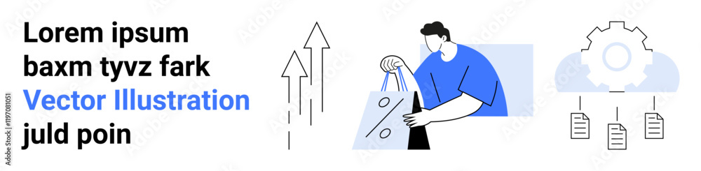Man analyzing data with geometric shapes, arrows indicating growth, cloud gear with files. Ideal for business analytics, data management, cloud computing, workflow, growth, efficiency productivity