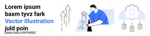 Man analyzing data with geometric shapes, arrows indicating growth, cloud gear with files. Ideal for business analytics, data management, cloud computing, workflow, growth, efficiency productivity photo