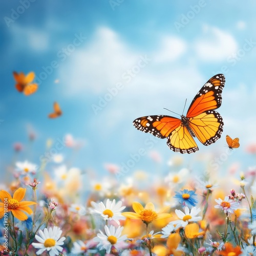 Vibrant Butterfly on Colorful Flower Bed with Bright Blue Sky and Soft Focus Background