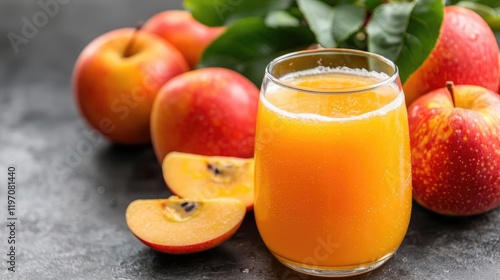 Fresh apple juice in glass, apples, dark background, healthy drink, food photography photo