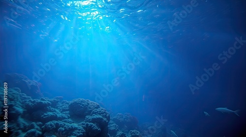 Wallpaper Mural An underwater seascape in a deep abyss, bathed in the ethereal glow of a blue sun. Bioluminescent creatures radiate vibrant colors Torontodigital.ca