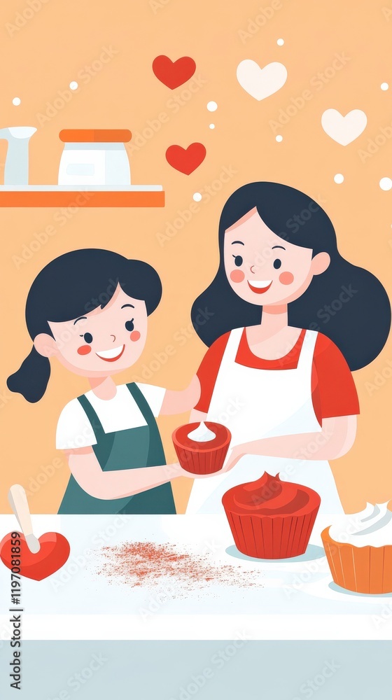 Mother and daughter baking cupcakes together in a cheerful kitchen with heart decorations and fun colors Mother and daughter baking cupcakes together in a cheerful kitchen with heart decorations and fun colors