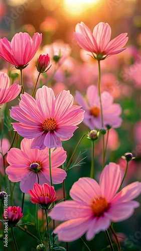 Wallpaper Mural A field of pink flowers with the sun shining on them Torontodigital.ca