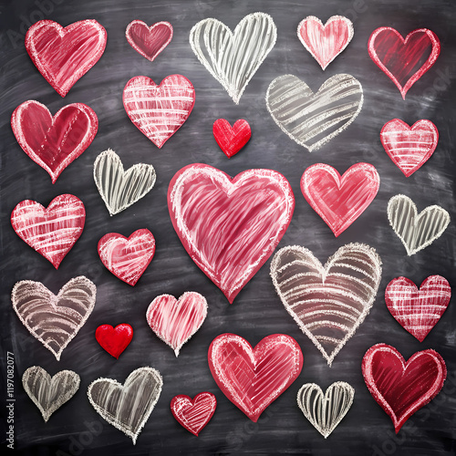 Romantic Chalkboard Hearts Valentines Day Design Red White Background love card cute retro decor    