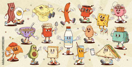 Retro cartoon groovy breakfast characters. Bacon, egg, sausage, coffee or tea cup. Cheese and butter, oatmeal porridge, jam jar, milk, croissant, avocado and toast, glass, juice, sandwich or toaster