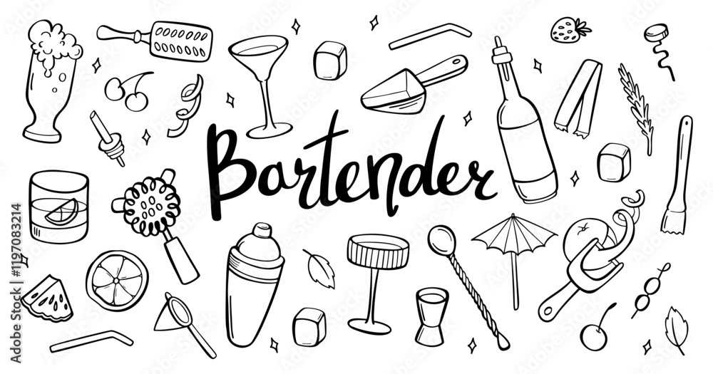 Bartender equipment for making cocktail outline set. Bar tools Hand illustration. Bar accessories. Stirring spoon, muddler, pitcher, jigger, shaker, glass, beer, peel. Sketch style, crooked doodle. Bartender equipment for making cocktail outline set. Bar tools Hand illustration. Bar accessories. Stirring spoon, muddler, pitcher, jigger, shaker, glass, beer, peel. Sketch style, crooked doodle.