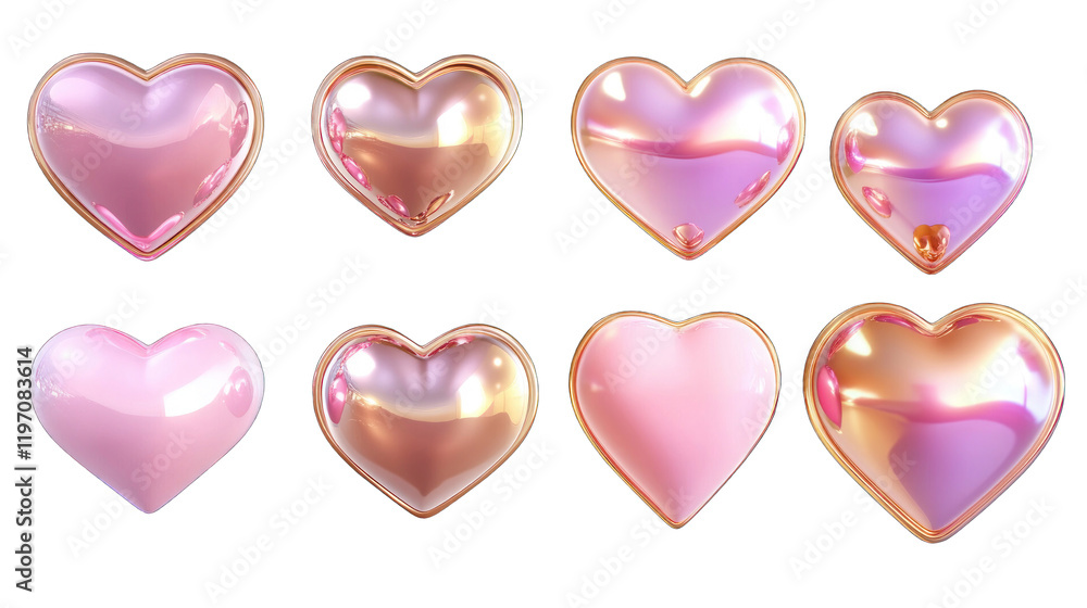 Fototapeta premium A row of six hearts, each one a different shade of pink