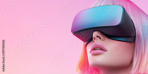 Creative composition with a young woman wearing virtual reality goggles, augmented reality, creative concept innovation and technology photo