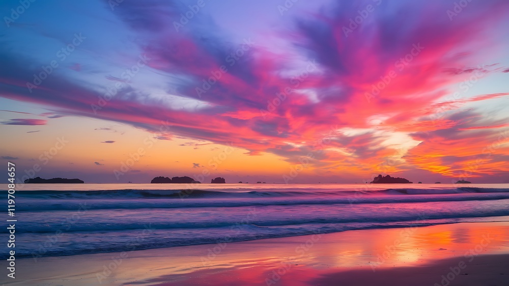Fototapeta premium A vibrant sunset paints the sky with shades of pink, orange, and purple over a calm ocean shoreline