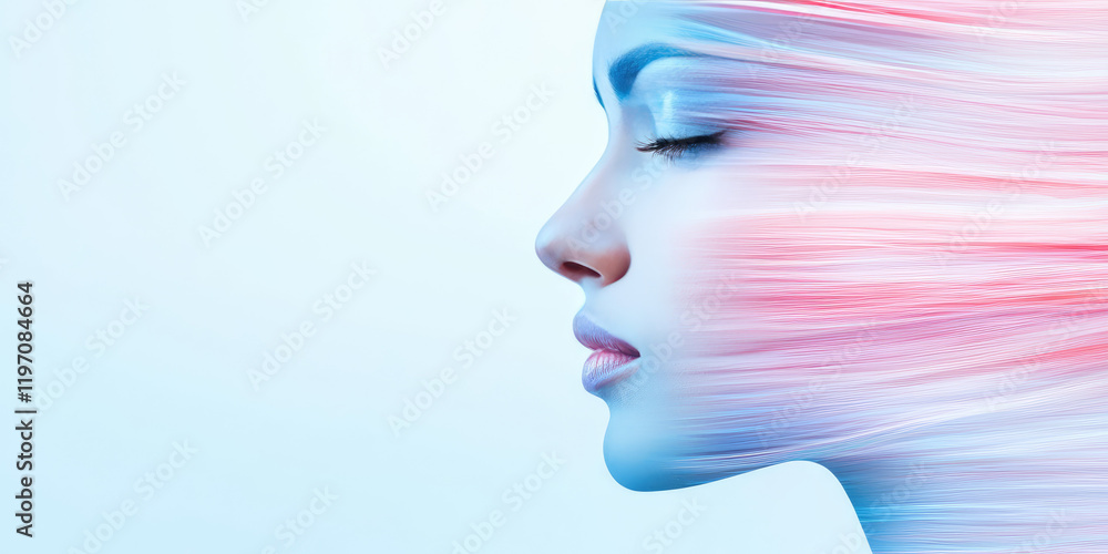 Creative composition, portrait of a virtual woman, loading textures effect, virtual assistant and interlocutor, concept innovation and technology Creative composition, portrait of a virtual woman, loading textures effect, virtual assistant and interlocutor, concept innovation and technology