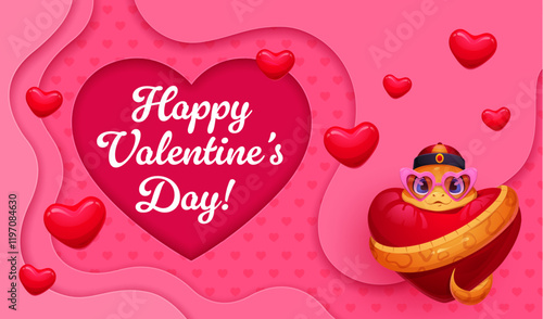 Paper cut Valentine day greeting card with snake character on heart, vector banner. Happy Valentine Day greeting with paper cut hearts and funny cartoon snake in heart glasses on pink background