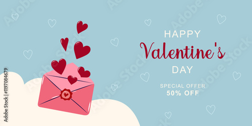 Happy Valentine's Day horizontal banner for sale. Red hearts flying out of open envelope. Simple cute greeting card. Vector illustration.