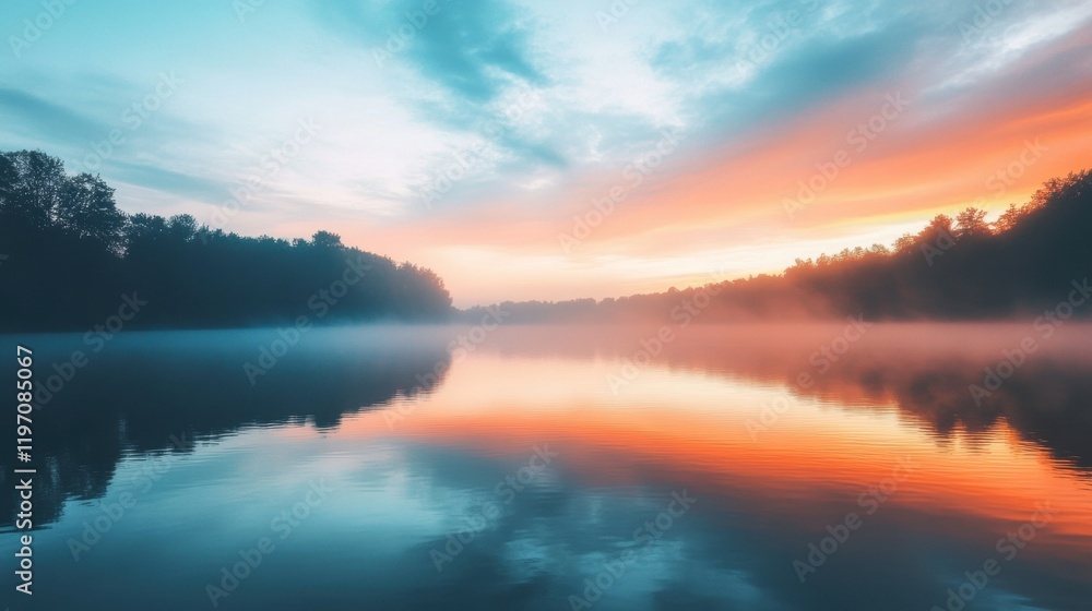 Obraz premium Serene sunset reflecting on tranquil water under a colorful sky with gentle clouds. Generative AI