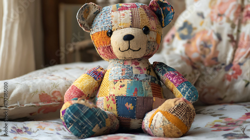 A patchwork stuffed bear made from upcycled fabric scraps