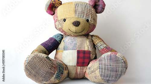 A patchwork stuffed bear made from upcycled fabric scraps
