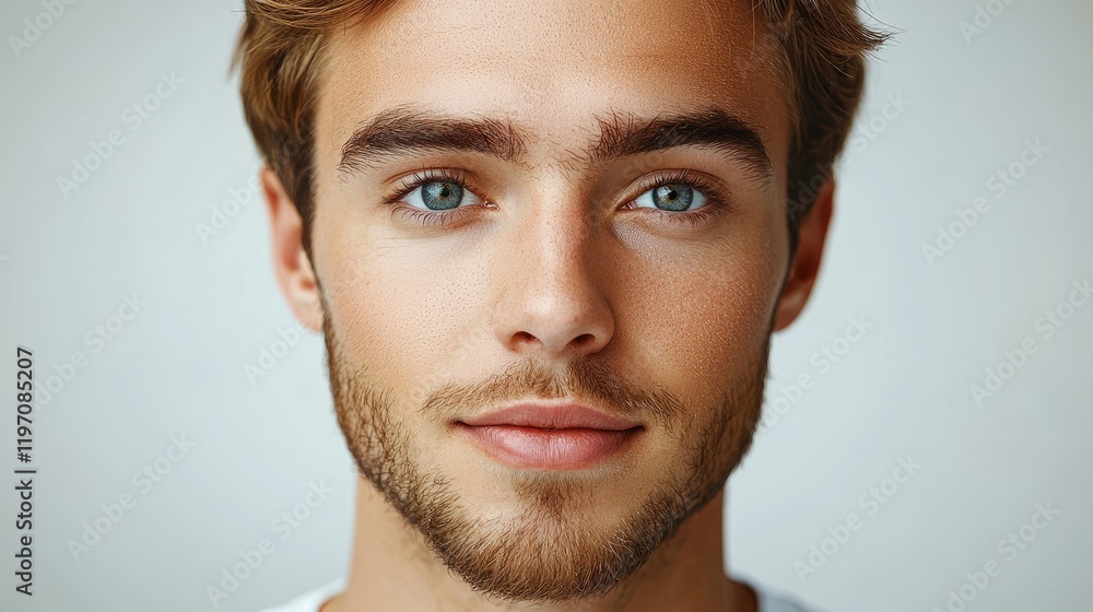 Fototapeta premium Confident European Man in White Soccer Jersey with Buzzcut and Beard Against Grey Background