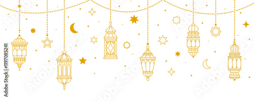 Ramadan holiday greeting with Arabian lanterns and lamps, vector background. Ramadan Kareem and Eid Mubarak greeting Islam and Muslim religious holidays with golden decoration of Arabian lanterns