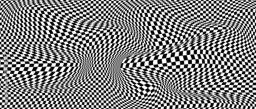 Chess wavy board optical visual illusion, checkerboard banner template. Black and white checkers squares, vector abstract background.