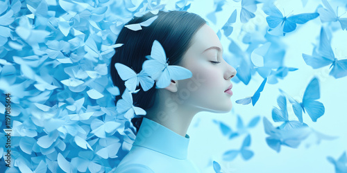 Creative composition, young woman fantasizing, imagination, creativity and flight of fancy, ideas concept