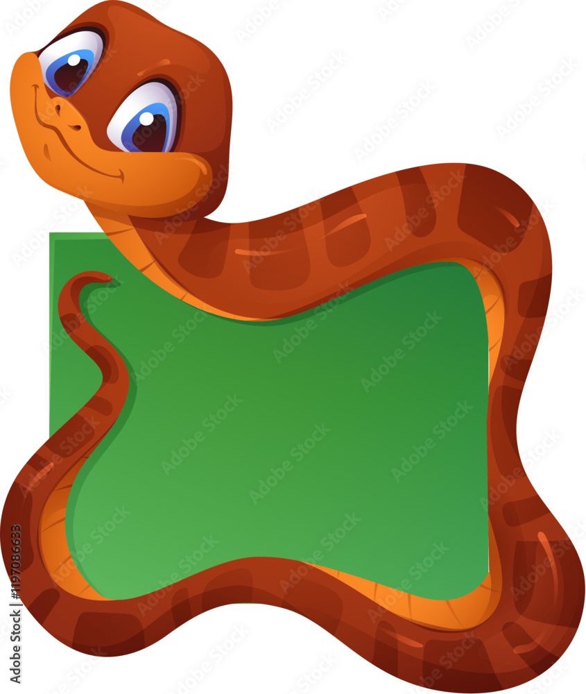 Fototapeta premium Asian horoscope snake character frame of Chinese New Year holiday vector greeting card. Cartoon cute lunar calendar wood snake personage with blank green banner. Asian New Year holiday celebration