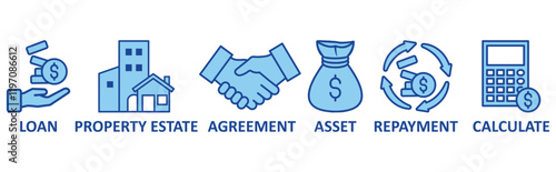 Mortgage icon set illustration concept with icon of loan,prooperty estate, agreement, asset, repayment, calculate	